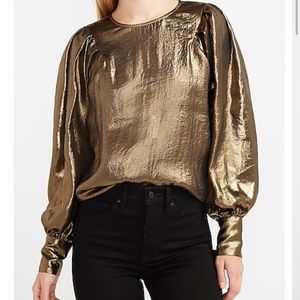 EXPRESS Gold Foil Pleated Balloon Sleeve Top, M